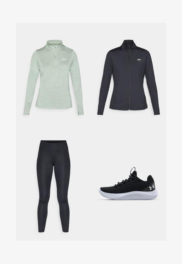Schwarze Sportjacke aus glattem, dehnbarem Stoff mit hohem Kragen und durchgehendem Reißverschluss, ausgestattet mit einem kleinen weißen Logo auf der oberen linken Seite.; Hellgrüner Langarmpullover mit einem halben Reißverschluss am Kragen und subtiler Textur, mit einem weißen Logo auf der linken Brust.; Schwarze Leggings aus glattem, dehnbarem Stoff. Hoher Bund ohne sichtbare Muster oder Akzente. Enganliegend von der Taille bis zu den Knöcheln.; Schwarze Sportschuhe mit einem atmungsaktiven Mesh-Obermaterial, strukturierten Details und einer weißen Gummisohle. Ausgestattet mit flachen Schnürsenkeln und einer Zuglasche an der Ferse.