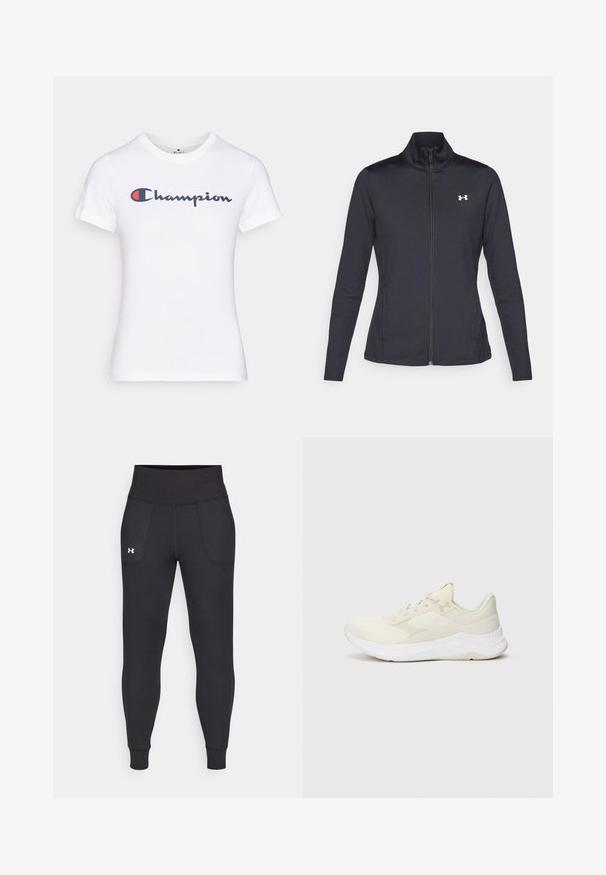 Black athletic jacket made of smooth, stretchy fabric with a high collar and full zipper, featuring a small white logo on the upper left side.; White cotton t-shirt featuring a crew neck and short sleeves, adorned with navy and red "Champion" logo across the chest.; Black athletic leggings made from stretchy material, featuring a high waistband, side pockets, and fitted cuffs at the ankle.; Light-colored athletic shoes made of mesh and synthetic materials, featuring a textured upper, cushioned sole, and subtle branding.