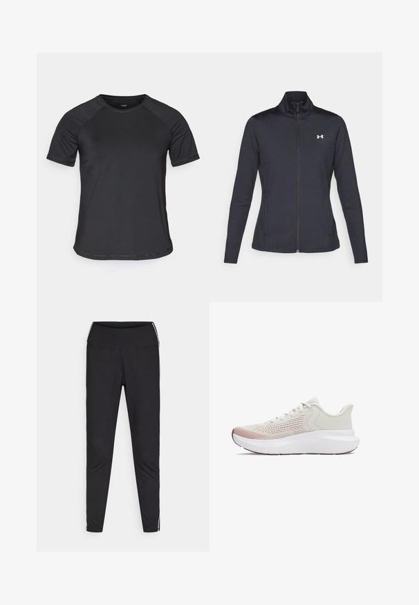 Czarna sportowa kurtka z gładkiego, elastycznego materiału, z wysokim kołnierzem i pełnym zamkiem, z małym białym logo na górnej lewej stronie.; Czarna, krótko rękawowa koszulka sportowa z rękawami raglanowymi, gładką teksturą i zaokrąglonym dekoltem. Posiada szyte szwy oraz luźny krój.; Czarne legginsy z elastycznego materiału. Wysoki stan, zwężany krój, z białymi paskami po bokach wzdłuż zewnętrznych szwów. Gładka tekstura.; Lekki obuwie sportowe z oddychającą, białą siateczką, gradientowymi różowymi akcentami i grubą białą podeszwą z teksturowaniem.