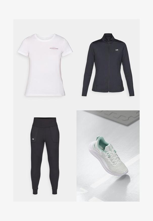 Melnās sporta jakas izgatavotas no gludas, elastīgas auduma ar augstu apkakli un pilnu rāvējslēdzēju, ar nelielu baltu logo augšējā kreisajā pusē.; Baltas kokvilnas T-krekls ar īsām piedurknēm un apaļu kaklu. Priekšpusē ir sarkans teksts: "TIKAI SPĒLES ATĪSĪBA 2006. GADĀ."; Melnas sporta legingi, kas izgatavoti no stiepjama materiāla, ar augstu jostasvietu, sānu kabatām un pieguļošiem anklets.; Gaišpelēka sporta apava ar teksturētu trikotāžas augšu, mentolzaļiem akcentiem, baltām šņorēm, gumijas zoli un cilpu uz papēža.