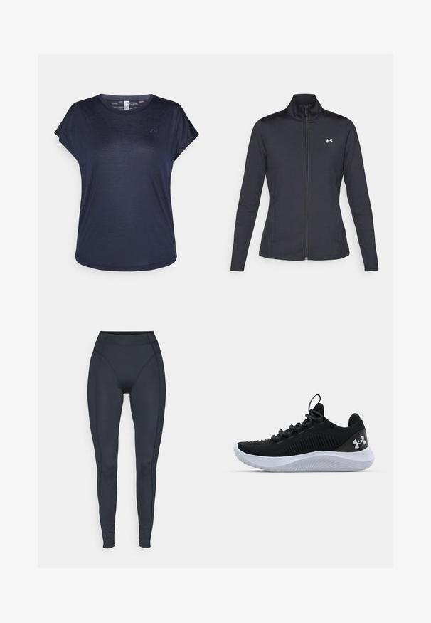 Black athletic jacket made of smooth, stretchy fabric with a high collar and full zipper, featuring a small white logo on the upper left side.; Navy blue short-sleeve t-shirt made of lightweight fabric, featuring a round neckline and subtle logo detail on the chest.; High-waisted black leggings made from stretchy fabric, featuring seamless sides and fitted design for comfort and mobility.; Black athletic shoes with a breathable mesh upper, textured detailing, and a white rubber sole. Features flat laces and a heel pull tab.