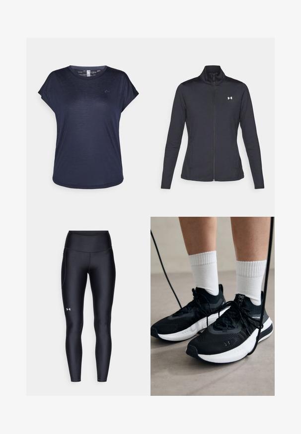 Chaqueta deportiva negra hecha de una tela suave y elástica, con cuello alto y cremallera completa, que presenta un pequeño logo blanco en la parte superior izquierda.; Camiseta de manga corta en azul marino, fabricada con un material ligero, con un cuello redondo y un discreto detalle del logo en el pecho.; Leggings negros hechos de un material suave y elástico con una cintura alta. Presentan un logo blanco en el muslo izquierdo y un diseño ajustado.; Zapatillas deportivas negras con tela texturizada, suela blanca y cordones negros. Llevadas con calcetines blancos de canalé, de pie sobre una superficie clara.