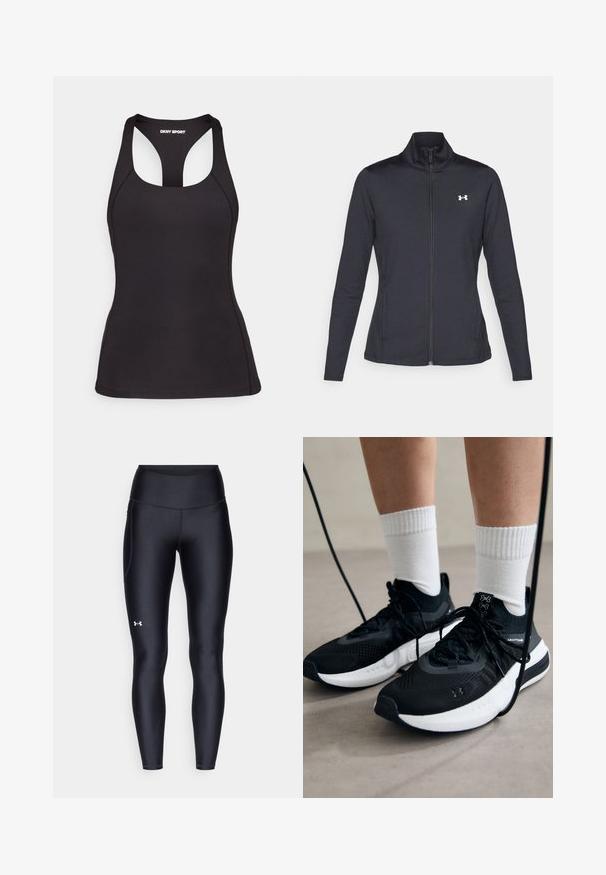 Melnās sporta jakas izgatavotas no gludas, elastīgas auduma ar augstu apkakli un pilnu rāvējslēdzēju, ar nelielu baltu logo augšējā kreisajā pusē.; Melnas sportiskas topiņš, izgatavots no gludas auduma, ar racerback dizainu un kontrastējošiem šuvju detalizējumiem papildu izturībai.; Melnas leginses, kas izgatavotas no gluda, elastīga materiāla ar augstām jostām. Ir balta logo kreisajā augšstilbā un pieguļoša piegriezuma dizains.; Melni sporta apavi ar strukturētu audumu, balta zole un melni šņores. Valkāti ar baltām ribotām zeķēm, stāvot uz gaišas virsmas.