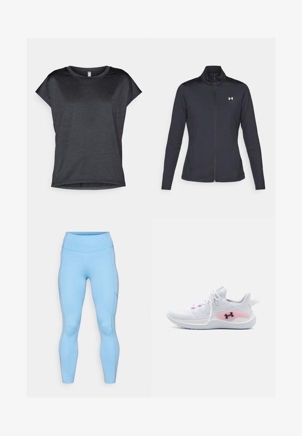 Melnās sporta jakas izgatavotas no gludas, elastīgas auduma ar augstu apkakli un pilnu rāvējslēdzēju, ar nelielu baltu logo augšējā kreisajā pusē.; Īsām piedurknēm, tumši pelēka T-kreklā ar apaļu kakla izgriezumu, izgatavota no viegla auduma, ar gludu tekstūru un brīvu piegriezumu.; Gaiši zili legingi, kas izgatavoti no elastīga auduma. Rūpīgi veidota augstas vids josta, gluda tekstūra un noapaļoti šuvi gar kājām.; Balta sporta apavi ar rozā akcentiem un melno Under Armour zīmolu, adīta augšdaļa un balta zole, redzami no kreisās puses.