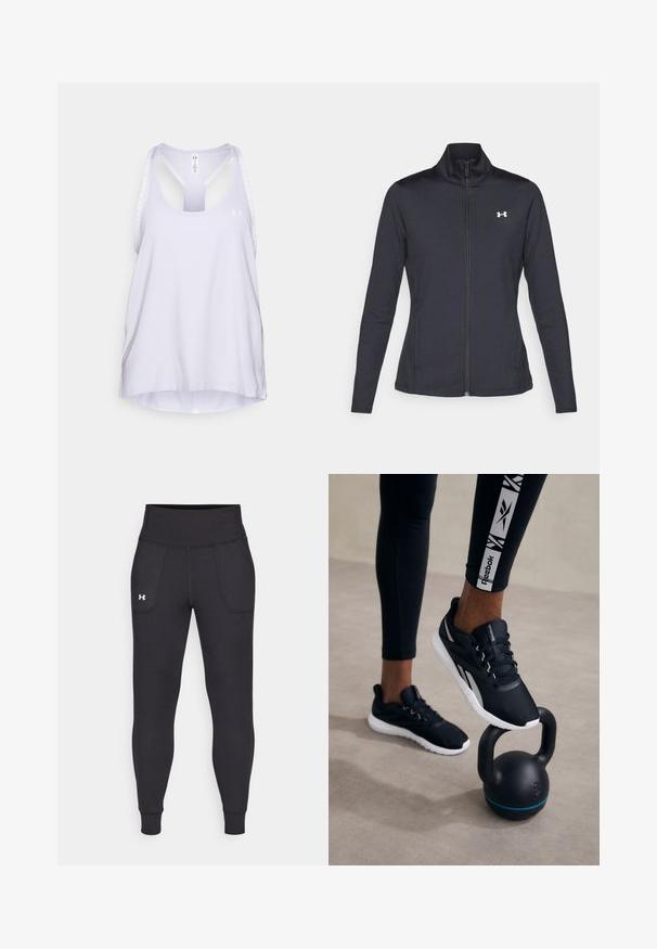 Juodas sportinis švarkas, pagamintas iš lygios, elastingos medžiagos, su aukštu apykakle ir pilnu užtrauktuku, su maža balta logo kairiajame viršutiniame kampe.; Under Armour KNOCKOUT TANK - Viršus - salt purple/white; Juodos sportinės leginsai, pagaminti iš tamprių medžiagų, su aukštu juosmeniu, šoninėmis kišenėmis ir priglundančiomis blauzdų manžetėmis.; Juodi sportiniai bateliai su tekstūruotu viršumi, balta padas ir pilkų akcentų, padėti ant juodo ketlebelo su mėlynu dryžiu, prieš neutralų foną.