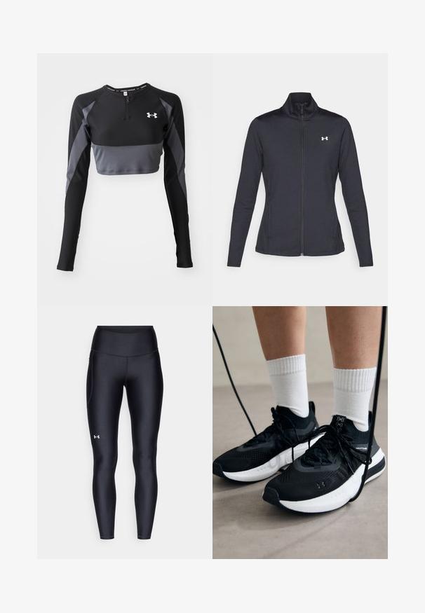 Black athletic jacket made of smooth, stretchy fabric with a high collar and full zipper, featuring a small white logo on the upper left side.; Black and gray long-sleeve cropped athletic top with a zippered neck, featuring a textured pattern and Under Armour logo on the chest.; Black leggings made of smooth, stretchy material with a high waistband. Features a white logo on the left thigh and fitted design.; Black athletic shoes with textured fabric, white sole, and black laces. Worn with white ribbed socks, standing on a light surface.