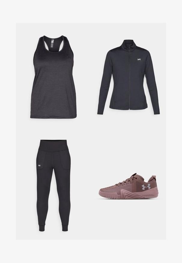 Svart treningsjakke laget av glatt, elastisk stoff med høy krage og hel glidelås, med en liten hvit logo på øvre venstre side.; ONLY Play ONPCORE LIFE ON - Topper - black; Svarte sportsleggings laget av elastisk materiale, med høy midje, sidelommer og tettsittende mansjetter ved ankelen.; Mørk rosa treningssko med teksturert mesh-overdel, gummisåle og uttalt grep mønster; har logo på siden og polstret krage.