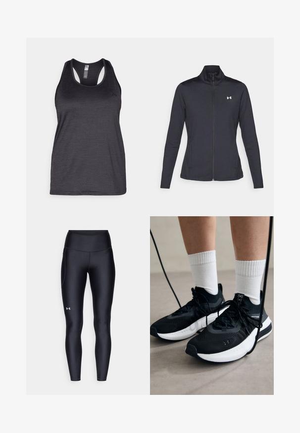 Zwarte sportjack gemaakt van glad, rekbaar materiaal met een hoge kraag en een volledige ritssluiting, met een klein wit logo op de bovenste linkerkant.; ONLY Play ONPCORE LIFE ON - Top - black; Zwarte leggings van glad, rekbaar materiaal met een hoge tailleband. Heeft een wit logo op de linkerdij en een aansluitend ontwerp.; Zwarte sportschoenen van gestructureerde stof, met een witte zool en zwarte veters. Draag ze met witte geribde sokken, staand op een lichte ondergrond.