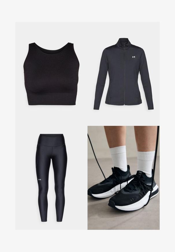 Chaqueta deportiva negra hecha de una tela suave y elástica, con cuello alto y cremallera completa, que presenta un pequeño logo blanco en la parte superior izquierda.; Top corto negro con canalé, cuello alto y amplios escotes para los brazos, hecho de una tela suave y elástica para mayor comodidad y con un diseño sin costuras.; Leggings negros hechos de un material suave y elástico con una cintura alta. Presentan un logo blanco en el muslo izquierdo y un diseño ajustado.; Zapatillas deportivas negras con tela texturizada, suela blanca y cordones negros. Llevadas con calcetines blancos de canalé, de pie sobre una superficie clara.