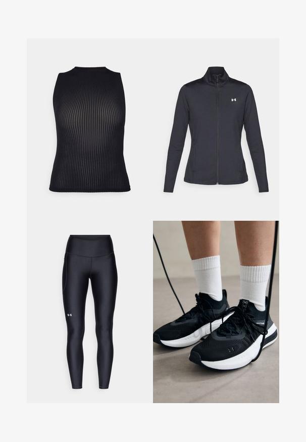 Černá sportovní bunda vyrobená z hladké a elastické textilie, s vysokým límcem a plným zipem, která má malé bílé logo na levé horní části.; Černý ribový pletený bezrukávový top s vysokým výstřihem a texturovanými detaily, s přiléhavým střihem, který se přizpůsobuje tělu.; Černé leginy vyrobené z hladkého, pružného materiálu s vysokým pasem. Obsahují bílé logo na levém stehně a mají přiléhavý střih.; Černé sportovní boty s texturovanou tkaninou, bílou podrážkou a černými tkaničkami. Nosené s bílými žebrovanými ponožkami, stojící na světlém povrchu.