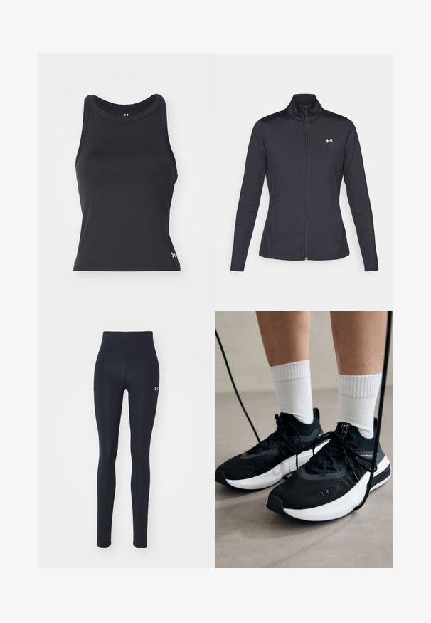 Black athletic jacket made of smooth, stretchy fabric with a high collar and full zipper, featuring a small white logo on the upper left side.; Black, sleeveless athletic tank top with a round neckline, made of smooth, stretchable material. Features a small logo on the bottom right.; Black athletic leggings made of stretchy fabric, featuring a high waistband, side pockets, and a small logo on the lower leg.; Black athletic shoes with textured fabric, white sole, and black laces. Worn with white ribbed socks, standing on a light surface.