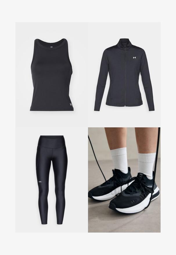 Mustmust mustrits mustritud jahk, valmistatud sujuvast, venivast kangast, kõrge kraega ja täispika tõmbluku ning väikese valge logoga vasakul üleval poole.; Must musta, ilma varrukat sportlik tank topp ümmarguse kaelusega, valmitud siledast, elastsetest materjalidest. Omab väikest logo alumises paremas nurgas.; Mustad mustad, venitatud materjalist, kõrge vöökoht. Vasakul reie kohal on valge logo ning tihe disain.; Mustad mustad jalanõud tekstuuritud kangast, valge tallaga ja mustade paeltega. Kanna valgete soonikkudega sokkide sisse, seistes helesinisel pinnal.