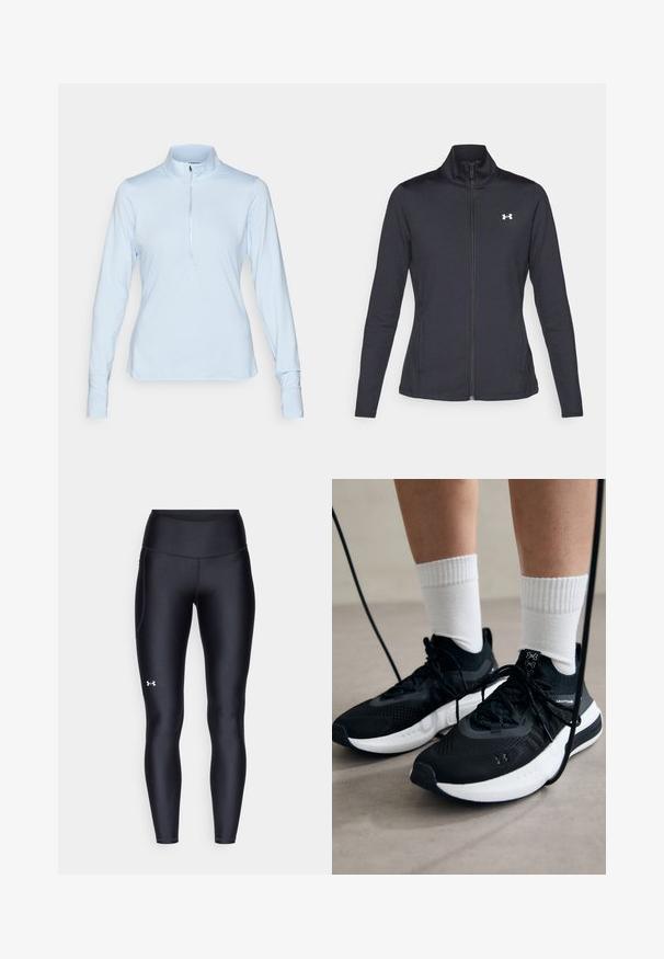 Black athletic jacket made of smooth, stretchy fabric with a high collar and full zipper, featuring a small white logo on the upper left side.; Light blue long-sleeve sports top with quarter zip and subtle logo on the collar, designed for athletic or casual wear.; Black leggings made of smooth, stretchy material with a high waistband. Features a white logo on the left thigh and fitted design.; Black athletic shoes with textured fabric, white sole, and black laces. Worn with white ribbed socks, standing on a light surface.