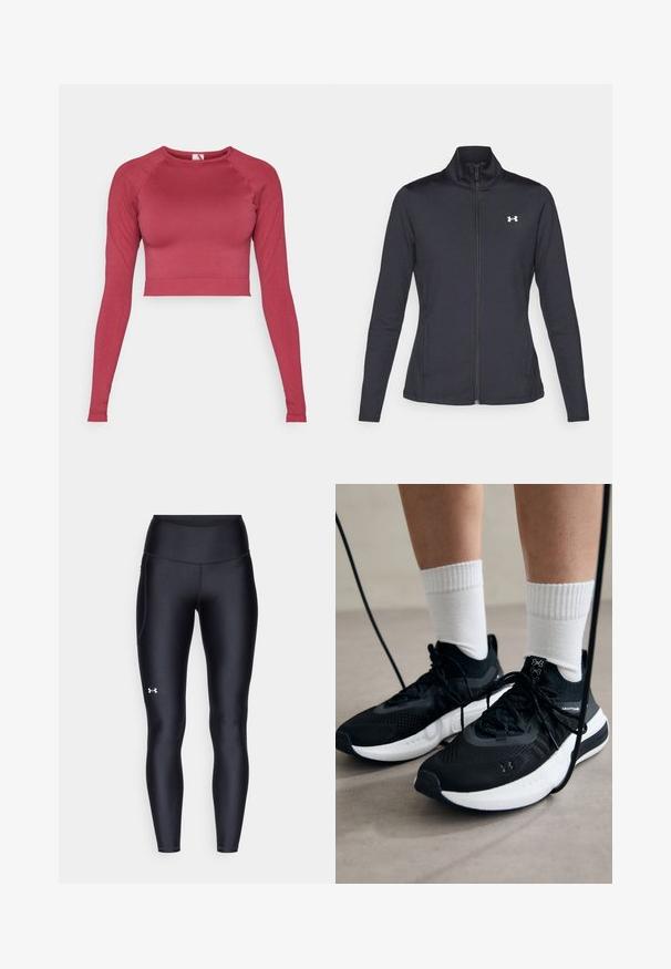 Casaco atlético preto feito de um tecido liso e elástico, com gola alta e zíper completo, apresentando um pequeno logótipo branco no canto superior esquerdo.; Top cropped de manga longa em vermelho escuro, feito de um tecido elástico. Apresenta um decote redondo e bainha e punhos canelados. Textura suave.; Leggings pretos feitos de material liso e elástico, com uma cintura alta. Apresentam um logotipo branco na coxa esquerda e um design ajustado.; Sapatilhas desportivas pretas com tecido texturizado, sola branca e atacadores pretos. Usadas com meias brancas caneladas, a pé sobre uma superfície clara.