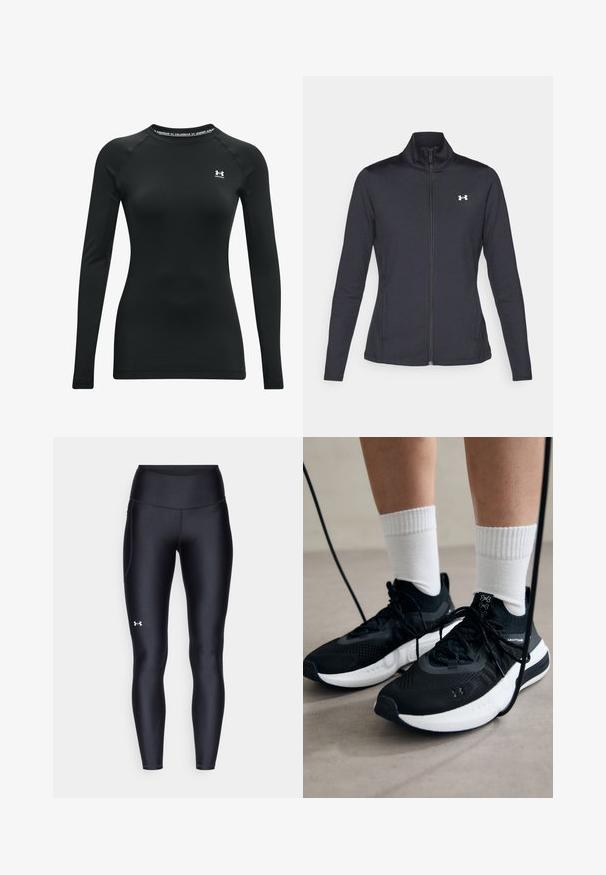 Czarna sportowa kurtka z gładkiego, elastycznego materiału, z wysokim kołnierzem i pełnym zamkiem, z małym białym logo na górnej lewej stronie.; Czarna sportowa bluzka z długim rękawem, wykonana z elastycznego materiału, z okrągłym dekoltem, rękawami raglanowymi i małym logo na klatce piersiowej.; Czarne legginsy wykonane z gładkiego, elastycznego materiału z wysokim stanem. Posiadają białe logo na lewym udzie oraz dopasowany krój.; Czarne buty sportowe z teksturowanym materiałem, białą podeszwą i czarnymi sznurowadłami. Nosi je osoba w białych skarpetkach w prążki, stojąca na jasnej powierzchni.