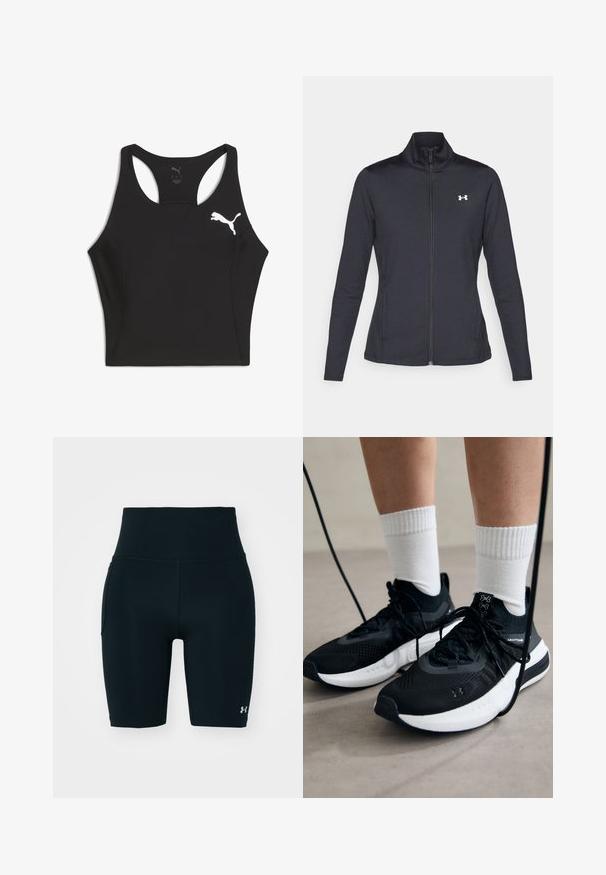 Musta urheilutakki, joka on valmistettu sileästä ja joustavasta kankaasta. Takissa on korkea kaulus ja täysipitkä vetoketju, sekä pieni valkoinen logo vasemmalla ylhäällä.; Musta urheiluliivi, joka on valmistettu venyvästä kankaasta, jossa on Racerback-muotoilu ja valkoinen Puma-logo vasemmalla puolella. Sileä pinta ja istuva muoto.; Mustat urheilushortsit, jotka on valmistettu joustavasta kankaasta, korkea vyötärö ja sivutasku. Silkkinen pinta, litteät saumat ja logotuli. ; Mustat urheilukengät, joissa on teksturoitua kangasta, valkoiset pohjat ja mustat nauhat. Yhdistetty valkoisten urheilusukkien kanssa, seisten vaalealla pinnalla.