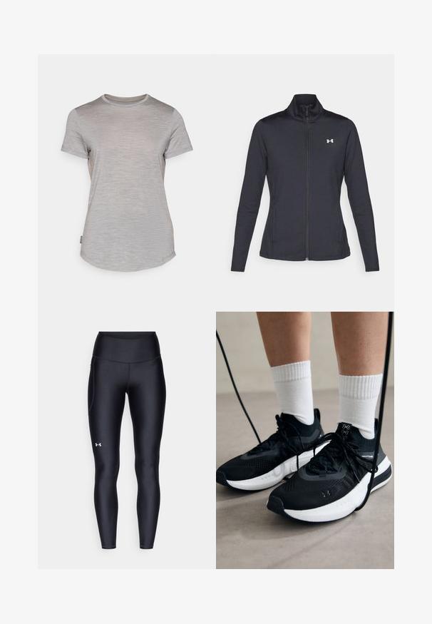 Čierna športová bunda vyrobená z hladkého, elastického materiálu s vysokým golierom a plným zipsom, s malým bielym logom na hornej ľavej strane.; Krátky rukáv, svetlošedé tričko vyrobené z jemnej látky s okrúhlym výstrihom a zakriveným lemom. Obsahuje malú nášivku loga na ľavej strane.; Čierne legíny vyrobené z hladkého, elastického materiálu s vysokým pásom. Obsahujú biele logo na ľavom stehne a sú strihané na telo.; Čierne športové topánky s textúrovanou tkaninou, bielou podrážkou a čiernymi šnúrkami. Nosené s bielymi rebrovanými ponožkami, postavené na svetlom povrchu.