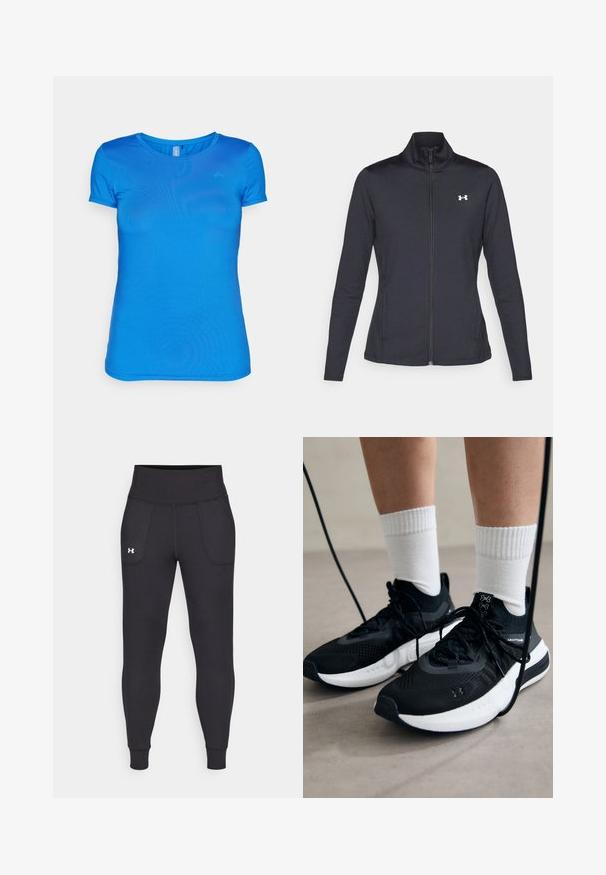 Črna atletska jakna iz gladkega, raztegljivega blaga z visokim ovratnikom in polnim zadrgo, ki ima majhen bel logotip na zgornji levi strani.; Modra kratka majica s kratkimi rokavi, izdelana iz lahkega materiala, z okroglo ovratnico in gladko teksturo. Diskretna logotip na zgornji levi strani.; Črne atletske legice iz raztegljivega materiala, ki imajo visok pas, stranske žepke in tesne manšete pri gležnjih.; Črne športne čevlje z strukturirano tkanino, belo podplatom in črnimi vezalkami. Nosi se z belimi rebrastimi nogavicami, stoje na svetli površini.