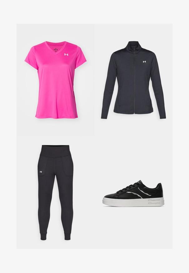 Čierna športová bunda vyrobená z hladkého, elastického materiálu s vysokým golierom a plným zipsom, s malým bielym logom na hornej ľavej strane.; Ružové tričko s krátkym rukávom a výstrihom do V vyrobené z hladkej, ľahkej tkaniny. Obsahuje malé biele logo na ľavej hrudi.; Čierne športové legíny vyrobené z elastického materiálu, s vysokým pásom, bočnými vreckami a priliehajúcimi manžetami na členkoch.; Čierne kožené tenisky s bielou podrážkou, s tenkými striebornými akcentmi a viazaním. Hladký povrch s logom na päte.