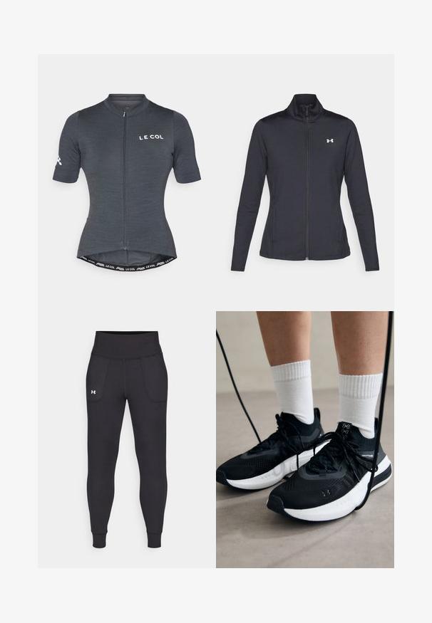 Fekete sportos dzseki sima, rugalmas anyagból, magas gallérral és teljes cipzárral, az elülső bal oldalon egy kis fehér logóval.; Szürke kerékpáros mez rövid ujjakkal, elülső cipzárral és testhezálló fazonnal. Branded logóval és kontrasztos derékpánt részlettel rendelkezik.; Fekete sportleggings rugalmas anyagból, magas derékfűzéssel, oldalsó zsebekkel és szűkített szárakkal a bokán.; Fekete sportcipők textúrált anyagból, fehér talppal és fekete fűzőkkel. Fehér bordázott zoknikkal viselve, világos felületen állva.