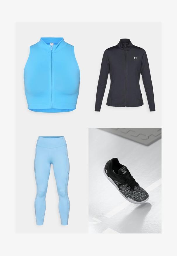 Sort atletisk jakke lavet af glat, strækbart stof med høj krave og fuld lynlås, der har et lille hvidt logo på den øverste venstre side.; Lys blå cropped sports top med høj krave og lynlås foran. Fremstillet af strækbart stof, med en glat tekstur og uden mønstre.; Lys blå leggings lavet af strækbart stof. Har en høj talje, glat overflade og buede sømme langs benene.; Sort sportsko med en struktureret, mønstret mesh-overdel, sorte snørebånd og en hvid sål. Har Reebok branding på tungen og siden.