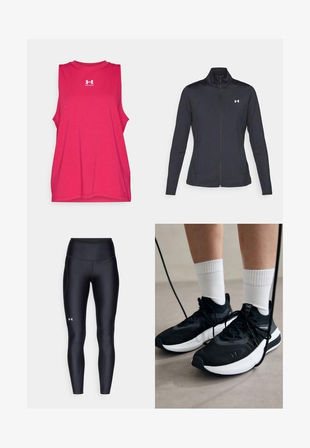 Zwarte sportjack gemaakt van glad, rekbaar materiaal met een hoge kraag en een volledige ritssluiting, met een klein wit logo op de bovenste linkerkant.; Mouwloze sportieve tanktop in levendig roze, gemaakt van een zachte katoenmix. Voorzien van een ronde halslijn en een wit Under Armour-logo.; Zwarte leggings van glad, rekbaar materiaal met een hoge tailleband. Heeft een wit logo op de linkerdij en een aansluitend ontwerp.; Zwarte sportschoenen van gestructureerde stof, met een witte zool en zwarte veters. Draag ze met witte geribde sokken, staand op een lichte ondergrond.