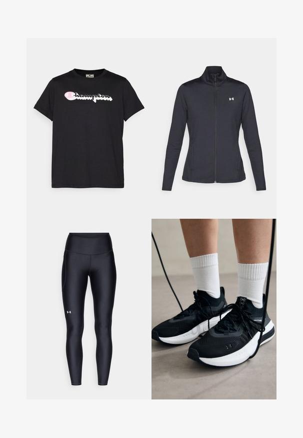 Svart treningsjakke laget av glatt, elastisk stoff med høy krage og hel glidelås, med en liten hvit logo på øvre venstre side.; Champion GRAPHIC CREWNECK - T-shirts med print - black; Sorte leggings laget av glatt, elastisk materiale med høy midje. Har en hvit logo på venstre lår og en tettsittende design.; Svarte treningssko med teksturert stoff, hvit såle og svarte snøringer. Brukt med hvite ribbestrikkede sokker, stående på en lys overflate.