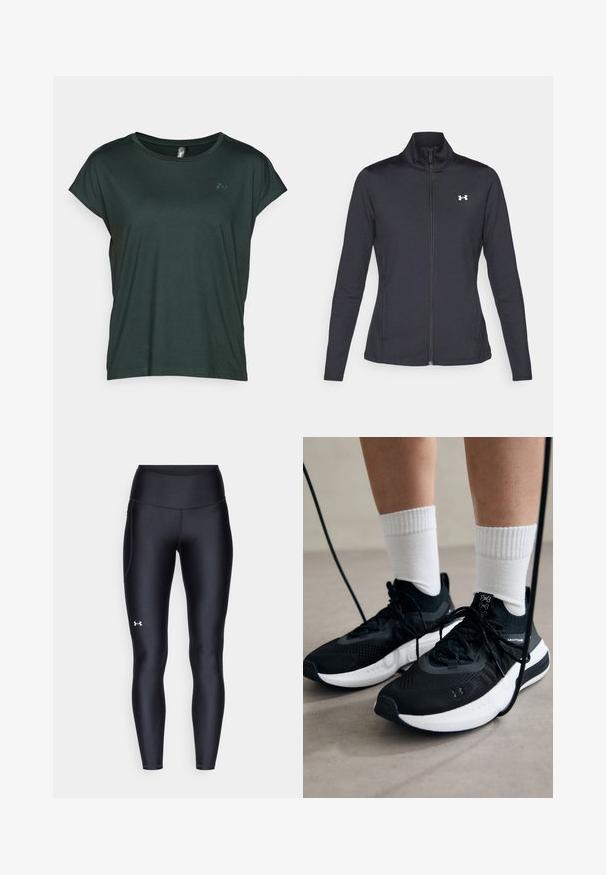 Melnās sporta jakas izgatavotas no gludas, elastīgas auduma ar augstu apkakli un pilnu rāvējslēdzēju, ar nelielu baltu logo augšējā kreisajā pusē.; ONLY Play ONPAUBREE LIFE ON BAT LOOSE - Sporta krekli - scarab; Melnas leginses, kas izgatavotas no gluda, elastīga materiāla ar augstām jostām. Ir balta logo kreisajā augšstilbā un pieguļoša piegriezuma dizains.; Melni sporta apavi ar strukturētu audumu, balta zole un melni šņores. Valkāti ar baltām ribotām zeķēm, stāvot uz gaišas virsmas.