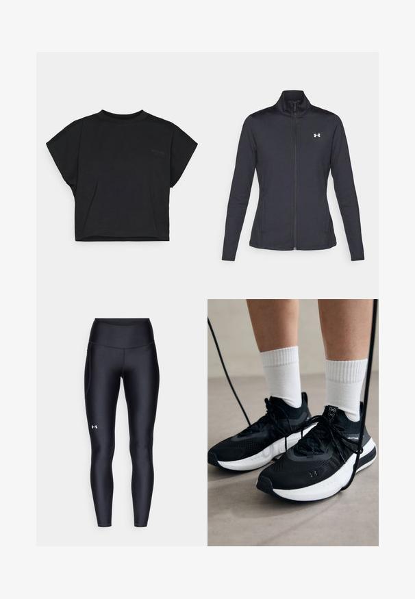 Juodas sportinis švarkas, pagamintas iš lygios, elastingos medžiagos, su aukštu apykakle ir pilnu užtrauktuku, su maža balta logo kairiajame viršutiniame kampe.; Juodas trumpas marškinėliai, pagaminti iš minkštos medvilnės, su trumpomis rankovėmis ir apvaliu iškirpimu. Priekyje yra subtilus logotipas.; Juodos leggingai, pagaminti iš lygaus, elastingo audinio su aukštu juosmeniu. Kairiajame šlaunyje yra baltas logotipas ir tvirta konstrukcija.; Juodi sportiniai batai su tekstūruotu audiniu, balta padu ir juodais raiščiais. Dėvimi su baltais raištiniais kojiniais, stovint lengvame paviršiuje.