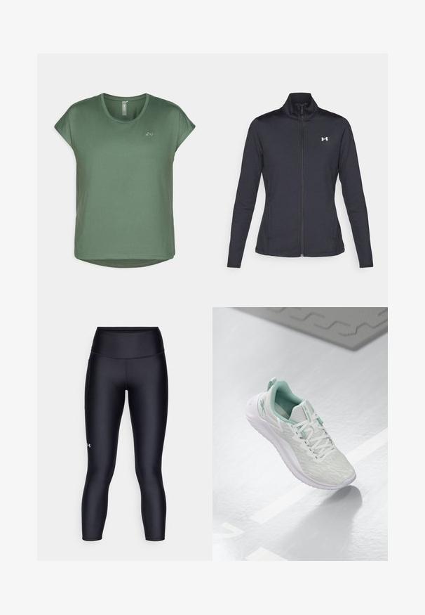 Črna atletska jakna iz gladkega, raztegljivega blaga z visokim ovratnikom in polnim zadrgo, ki ima majhen bel logotip na zgornji levi strani.; Zeleno kratkotrajno majico z dolgimi rokavi s krožnim izrezom, mehkim materialom, sproščenim krojem in subtilno podrobnostjo logotipa spredaj.; Črne legice iz gladkega, raztegljivega materiala. Visok pas s tesnim prileganjem in majhnim logotipom na levi nogi.; Svetlo sivi športni čevelj z teksturiranim pletenim zgornjim delom, zelenimi poudarki, belimi vezalkami, gumijastim podplatom in zankico na peti.