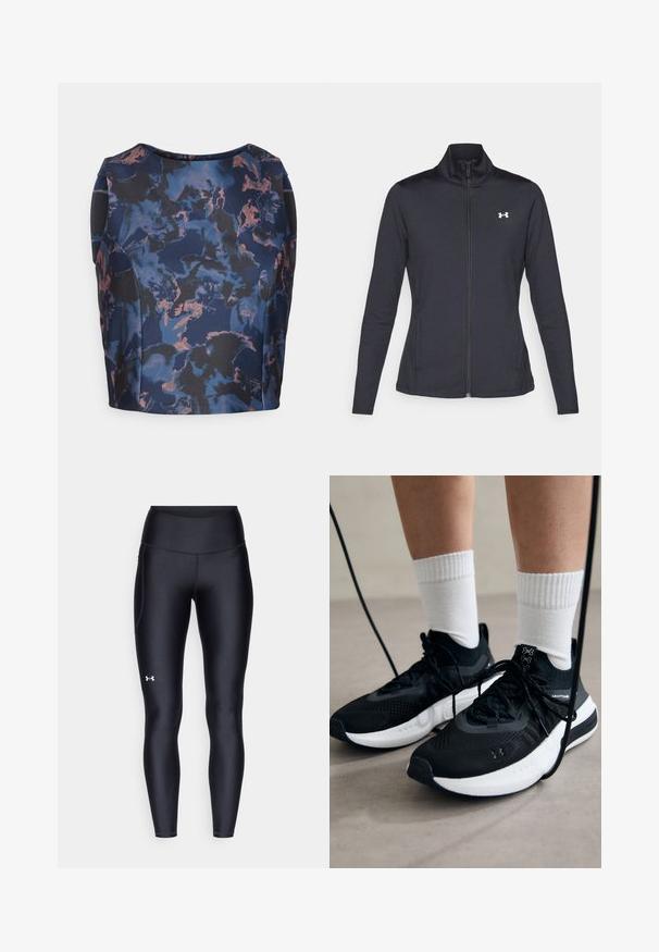 Čierna športová bunda vyrobená z hladkého, elastického materiálu s vysokým golierom a plným zipsom, s malým bielym logom na hornej ľavej strane.; Námornícky a čierny top s kvetinovým vzorom v odtieňoch modrej a broskyňovej, s okrúhlym výstrihom a štruktúrovaným dizajnom.; Čierne legíny vyrobené z hladkého, elastického materiálu s vysokým pásom. Obsahujú biele logo na ľavom stehne a sú strihané na telo.; Čierne športové topánky s textúrovanou tkaninou, bielou podrážkou a čiernymi šnúrkami. Nosené s bielymi rebrovanými ponožkami, postavené na svetlom povrchu.