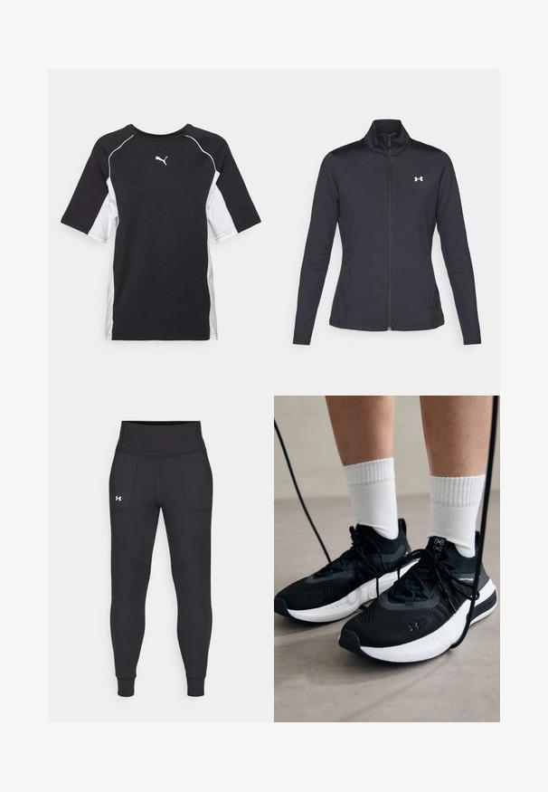 Juodas sportinis švarkas, pagamintas iš lygios, elastingos medžiagos, su aukštu apykakle ir pilnu užtrauktuku, su maža balta logo kairiajame viršutiniame kampe.; Juoda ir balta trumpa rankovė T-marškiniai su apvaliu kaklu, raglano rankovėmis ir mažai balta emblema ant krūtinės. Pagaminta iš medvilnės mišinio.; Juodos sportinės leginsai, pagaminti iš tamprių medžiagų, su aukštu juosmeniu, šoninėmis kišenėmis ir priglundančiomis blauzdų manžetėmis.; Juodi sportiniai batai su tekstūruotu audiniu, balta padu ir juodais raiščiais. Dėvimi su baltais raištiniais kojiniais, stovint lengvame paviršiuje.