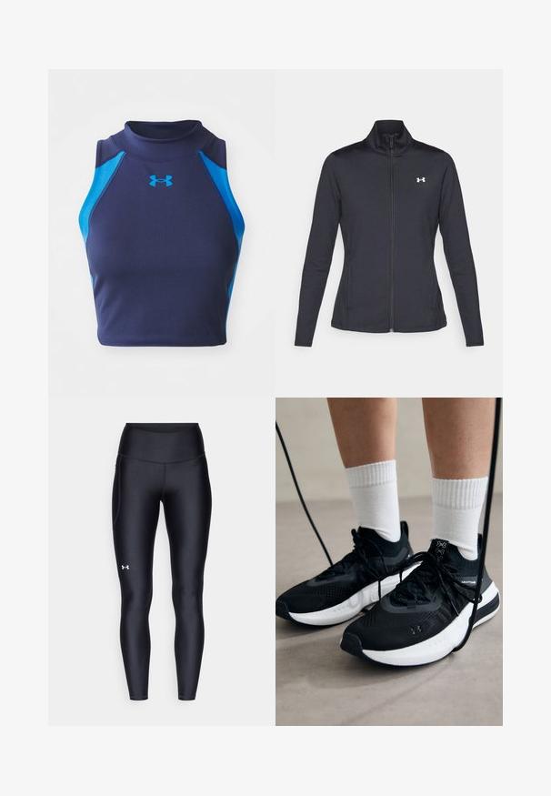 Black athletic jacket made of smooth, stretchy fabric with a high collar and full zipper, featuring a small white logo on the upper left side.; Navy sleeveless crop top in ribbed fabric with blue accents. Features a high neckline and Under Armour logo on the front.; Black leggings made of smooth, stretchy material with a high waistband. Features a white logo on the left thigh and fitted design.; Black athletic shoes with textured fabric, white sole, and black laces. Worn with white ribbed socks, standing on a light surface.