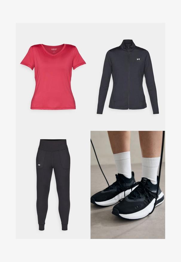 Čierna športová bunda vyrobená z hladkého, elastického materiálu s vysokým golierom a plným zipsom, s malým bielym logom na hornej ľavej strane.; Tričko s krátkym rukávom a výstrihom do V v jasne ružovej farbe, vyrobené z hladkej, elastickej tkaniny. Má priliehavý strih s čistými líniami a bez viditeľných vzorov.; Čierne športové legíny vyrobené z elastického materiálu, s vysokým pásom, bočnými vreckami a priliehajúcimi manžetami na členkoch.; Čierne športové topánky s textúrovanou tkaninou, bielou podrážkou a čiernymi šnúrkami. Nosené s bielymi rebrovanými ponožkami, postavené na svetlom povrchu.