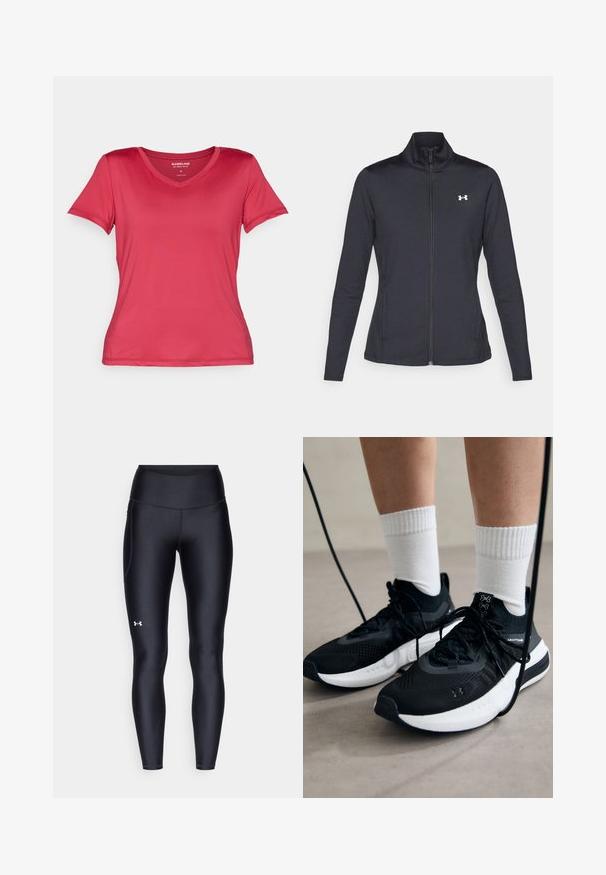 Jachetă sport neagră realizată dintr-un material neted și elastic, cu guler înalt și fermoar complet, având un mic logo alb în colțul din stânga sus.; Tricou cu decolteu în V, cu mânecă scurtă, de culoare roz aprins, realizat dintr-un material neted și elastic. Prezintă un design ajustat cu linii curate și fără modele vizibile.; Colanți negri dintr-un material neted și elastic, cu un brâu înalt. Prezentând un logo alb pe cuartul stâng și un design ajustat.; Căști atletice negre cu țesătură texturată, talpă albă și șireturi negre. Purtați cu șosete albe cu riflaje, stând pe o suprafață deschisă.