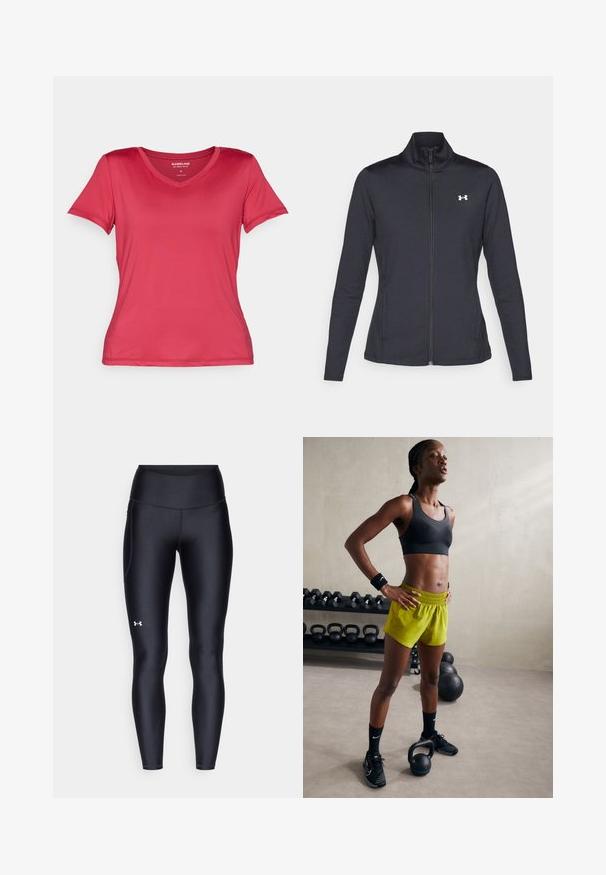 Sort atletisk jakke lavet af glat, strækbart stof med høj krave og fuld lynlås, der har et lille hvidt logo på den øverste venstre side.; V-hals, T-shirt med korte ærmer i lys pink, lavet af glat, strækbart stof. Har et tætsiddende design med rene linjer og ingen synlige mønstre.; Sorte leggings lavet af glat, strækbart materiale med høj talje. Har et hvidt logo på venstre lår og en tætsiddende design.; Sort sportsbh, lys gule shorts med elastisk talje, sorte atletiske sko og håndledsbånd, stående ved siden af kettlebells.