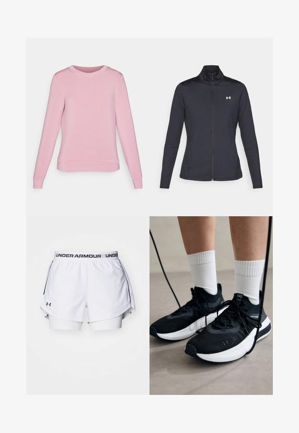 Black athletic jacket made of smooth, stretchy fabric with a high collar and full zipper, featuring a small white logo on the upper left side.; Light pink sweatshirt with long sleeves, round neckline, and ribbed cuffs and hem. Made from soft fabric with a smooth texture.; White athletic shorts with black Under Armour logo on waistband. Features a layered design with an inner lining and side slits for mobility.; Black athletic shoes with textured fabric, white sole, and black laces. Worn with white ribbed socks, standing on a light surface.
