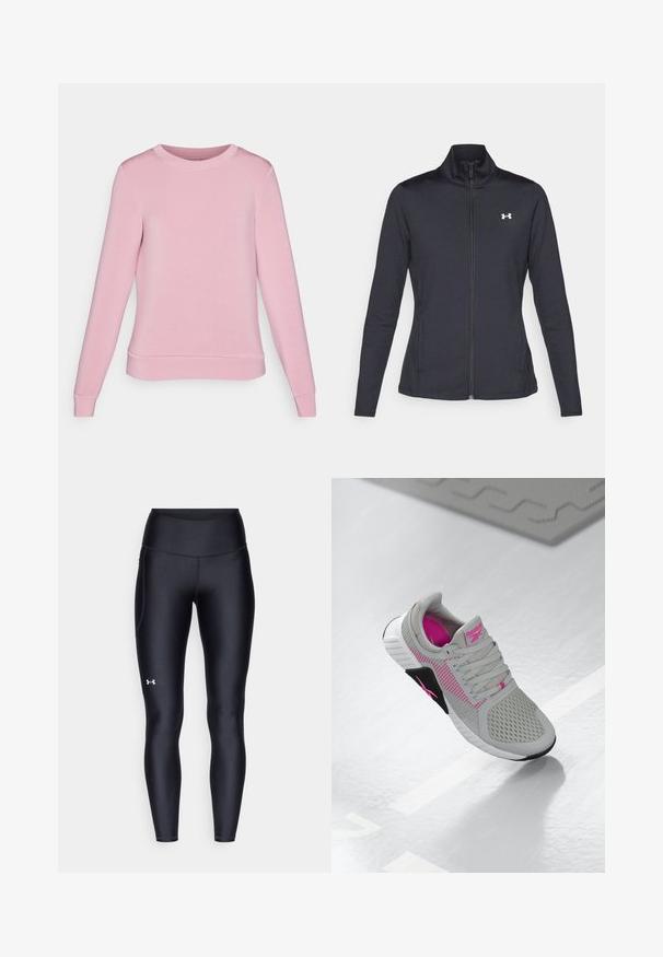 Sort atletisk jakke lavet af glat, strækbart stof med høj krave og fuld lynlås, der har et lille hvidt logo på den øverste venstre side.; Lyserød sweatshirt med lange ærmer, rund halsudskæring samt ribbede manchetter og kant. Fremstillet af blødt stof med en glat tekstur.; Sorte leggings lavet af glat, strækbart materiale med høj talje. Har et hvidt logo på venstre lår og en tætsiddende design.; Grå og pink Reebok sportssko med mesh-overdel og detaljeret sål, vist på en reflekterende hvid overflade.