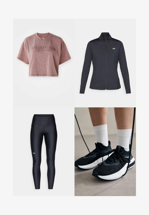 Black athletic jacket made of smooth, stretchy fabric with a high collar and full zipper, featuring a small white logo on the upper left side.; Cropped, short-sleeve t-shirt in dusty rose color, made of soft fabric. Features embossed text "PROJECT ROCK" and "STOP FOR NOTHING" on the front.; Black leggings made of smooth, stretchy material with a high waistband. Features a white logo on the left thigh and fitted design.; Black athletic shoes with textured fabric, white sole, and black laces. Worn with white ribbed socks, standing on a light surface.