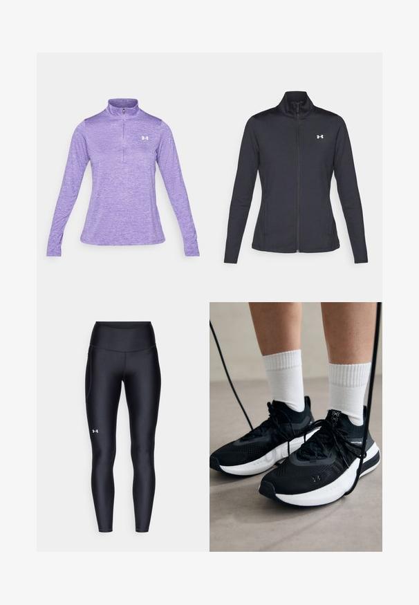 Schwarze Sportjacke aus glattem, dehnbarem Stoff mit hohem Kragen und durchgehendem Reißverschluss, ausgestattet mit einem kleinen weißen Logo auf der oberen linken Seite.; Under Armour TECH TWIST - Langarmshirt - lavish/white; Schwarze Leggings aus glattem, elastischem Material mit einem hohen Bund. Mit einem weißen Logo auf dem linken Oberschenkel und tailliertem Design.; Schwarze Sportschuhe aus strukturiertem Stoff, mit weißer Sohle und schwarzen Schnürsenkeln. Tragen mit weißen gerippten Socken, stehen auf einer hellen Fläche.