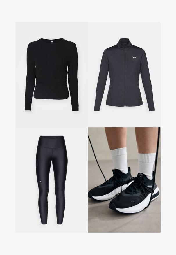 Jachetă sport neagră realizată dintr-un material neted și elastic, cu guler înalt și fermoar complet, având un mic logo alb în colțul din stânga sus.; Top negru cu mânecă lungă dintr-un material ribat, având un decolteu rotund și detalii cu plisare pe lateral. Se potrivește strâns și este croit pe corp.; Colanți negri dintr-un material neted și elastic, cu un brâu înalt. Prezentând un logo alb pe cuartul stâng și un design ajustat.; Căști atletice negre cu țesătură texturată, talpă albă și șireturi negre. Purtați cu șosete albe cu riflaje, stând pe o suprafață deschisă.