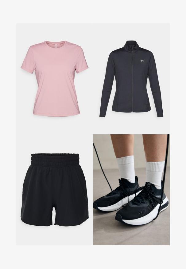 Veste de sport noire en tissu lisse et extensible avec un col montant et une fermeture éclair intégrale, arborant un petit logo blanc sur le côté supérieur gauche.; T-shirt rose à manches courtes en tissu lisse, avec un col rond et une coupe décontractée, sans motifs ni accents visibles.; Shorts de sport noirs avec une taille élastique, tissu lisse et design ample. Les shorts disposent de poches latérales et d'une longueur mi-cuisse.; Chaussures de sport noires en tissu texturé, avec une semelle blanche et des lacets noirs. Portées avec des chaussettes blanches côtelées, debout sur une surface claire.