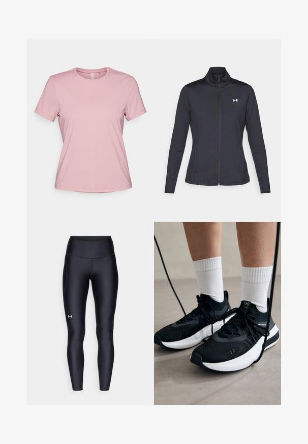 Crna atletska jakna napravljena od glatkog, rastezljivog materijala s visokim kragnom i punim patentnim zatvaračem, s malim bijelim logotipom na gornjoj lijevoj strani.; Ružičasta majica s kratkim rukavima napravljena od glatke tkanine, s rundim izrezom i opuštenim krojem, bez vidljivih uzoraka ili akcenta.; Crne tajice izrađene od glatkog, rastezljivog materijala s visokim strukom. Imaju bijeli logo na lijevom butu i prilagođen dizajn.; Crne atletske cipele s teksturiranim materijalom, bijelim potplatima i crnim vezicama. Nosene s bijelim rebrastim čarapama, stojeći na svijetloj površini.
