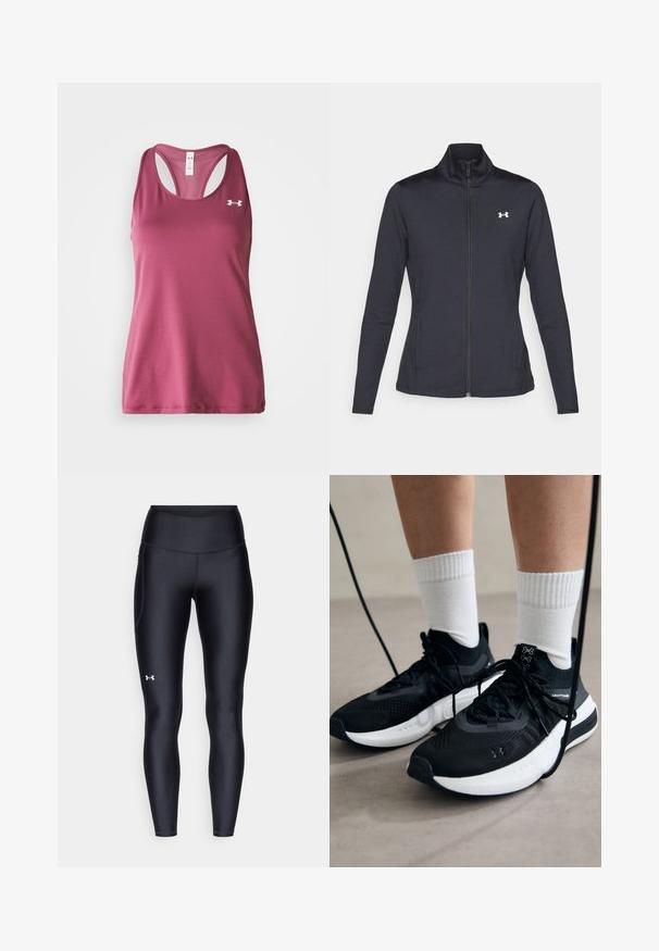Giacca sportiva nera realizzata in tessuto morbido ed elasticizzato, con colletto alto e zip completa, caratterizzata da un piccolo logo bianco sul lato sinistro superiore.; Canotta sportiva color bordeaux con texture a rete, design a spalle scoperte e un piccolo logo bianco sul lato sinistro del petto. Tessuto morbido, senza maniche.; Leggings neri realizzati in materiale morbido e stretch con vita alta. Presentano un logo bianco sulla coscia sinistra e un design aderente.; Scarpe sportive nere con tessuto testurizzato, suola bianca e lacci neri. Indossate con calzini bianchi a costine, in piedi su una superficie chiara.