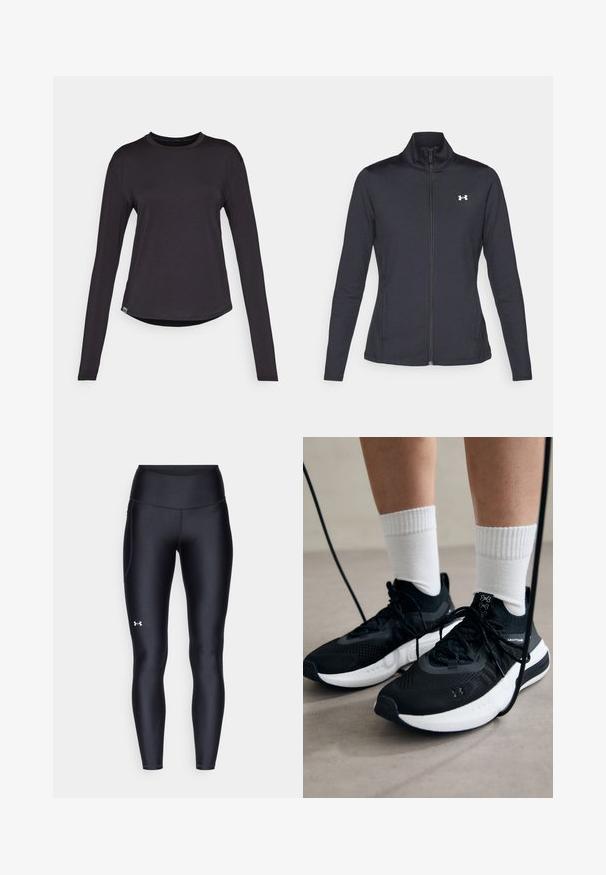 Melnās sporta jakas izgatavotas no gludas, elastīgas auduma ar augstu apkakli un pilnu rāvējslēdzēju, ar nelielu baltu logo augšējā kreisajā pusē.; HOKA ESSENTIAL TEE - Tops ar garām piedurknēm - black; Melnas leginses, kas izgatavotas no gluda, elastīga materiāla ar augstām jostām. Ir balta logo kreisajā augšstilbā un pieguļoša piegriezuma dizains.; Melni sporta apavi ar strukturētu audumu, balta zole un melni šņores. Valkāti ar baltām ribotām zeķēm, stāvot uz gaišas virsmas.