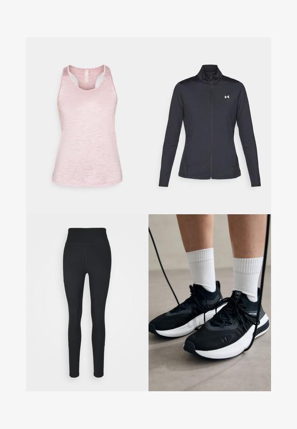Črna atletska jakna iz gladkega, raztegljivega blaga z visokim ovratnikom in polnim zadrgo, ki ima majhen bel logotip na zgornji levi strani.; Svetlo roza brezrokavnik s teksturo heather, okrogla izrezana ovratnica in razrezan podrobnost na hrbtu. Mehka tkanina z sproščenim krojem.; Črne legice iz raztegljivega materiala, z visokim pasom, rebrastimi paneli ob straneh in prilegajočim dizajnom, ki se zoži pri gležnjih.; Črne športne čevlje z strukturirano tkanino, belo podplatom in črnimi vezalkami. Nosi se z belimi rebrastimi nogavicami, stoje na svetli površini.