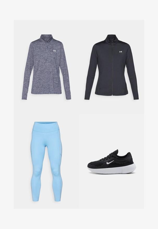 Black athletic jacket made of smooth, stretchy fabric with a high collar and full zipper, featuring a small white logo on the upper left side.; Navy long-sleeve quarter-zip pullover made of textured fabric, featuring a white logo on the chest and a high collar.; Light blue leggings made of stretchy fabric. Features a high waistband, smooth texture, and curved seams along the legs.; Black athletic shoe with a mesh upper, textured design, round toe, white rubber sole, and a Nike logo on the side.