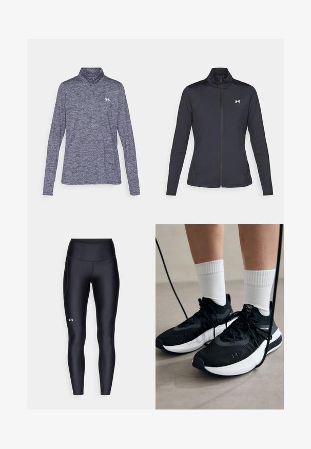Sort atletisk jakke lavet af glat, strækbart stof med høj krave og fuld lynlås, der har et lille hvidt logo på den øverste venstre side.; Mørkeblå langærmet quarter-zip pullover lavet af tekstureret stof, med et hvidt logo på brystet og en høj krave.; Sorte leggings lavet af glat, strækbart materiale med høj talje. Har et hvidt logo på venstre lår og en tætsiddende design.; Sorte sportssko med tekstureret stof, hvid sål og sorte snørebånd. Båret med hvide ribbede sokker, stående på en lys overflade.