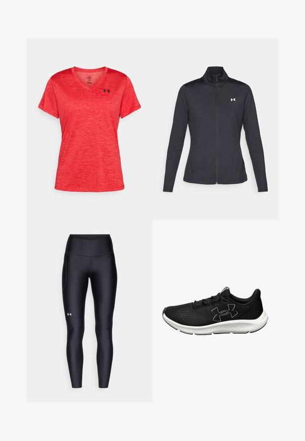 Črna atletska jakna iz gladkega, raztegljivega blaga z visokim ovratnikom in polnim zadrgo, ki ima majhen bel logotip na zgornji levi strani.; Under Armour TECH TWIST - Športne majice - racer red/black; Črne pajkice iz gladkega, elastičnega materiala z visokim pasom. Imajo bel logotip na levem stegnu in oprijet kroj.; Črne športne čevlje z strukturiranim mrežastim zgornjim delom, belo srednjico in črnimi gumijastimi podplati. Imajo črne vezalke in logo na strani.
