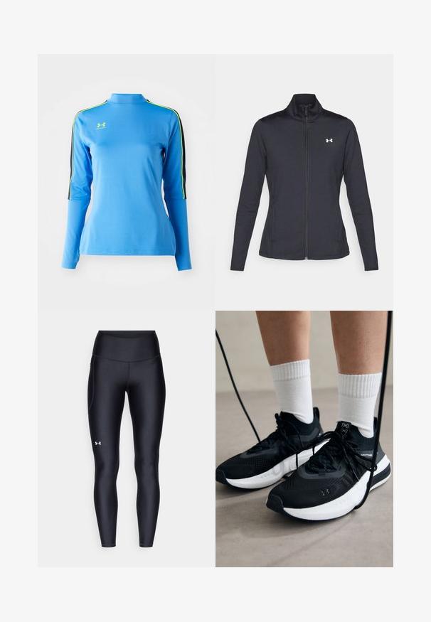 Svart idrottsjacka i slät, elastisk tyg med hög krage och hel dragkedja, med en liten vit logotyp på övre vänstra sidan.; Ljusblå långärmad atletisk topp med hög krage. Har svarta och neongröna ränder på axlarna. Slät, elastisk tyg.; Svarta leggings i ett smidigt, stretchigt material med hög midja. Har en vit logotyp på vänstra låret och en åtsittande design.; Svarta sportskor med texturerat tyg, vit sula och svarta snören. Bärs med vita reglerade strumpor, stående på en ljus yta.